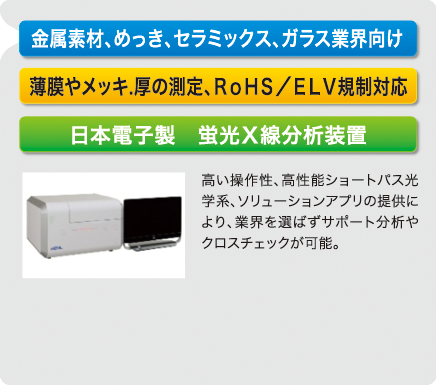 日本電子製　蛍光X線分析装置（金属素材、めっき、セラミックス、ガラス業界向け）　薄膜やメッキ、厚の測定、RoHS/ELV規制対応。高い操作性、高性能ショートパス光学系、ソリューションアプリの提供により、サポート分析やクロスチェックが可能。